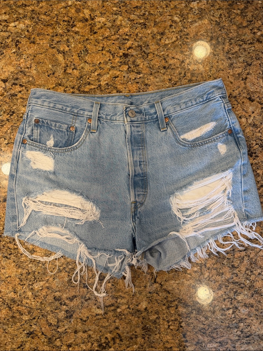 Women’s Levi’s 501 Light Blue Distressed Denim Shorts - Size 33